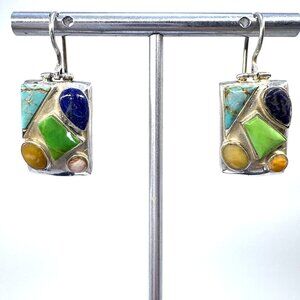VTG Sterling Silver 925 Multi-Gemstone Dangle Earrings Size 1.25" Length